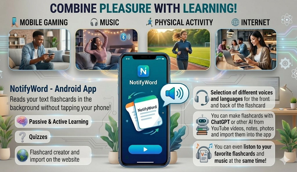 App for your own text flashcards 🤖 ANDROID NOTIFYWORD - it teaches, reads, repeats, and tests you while you do what YOU LOVE 🎧🚴🕺🎵💃🎮💪